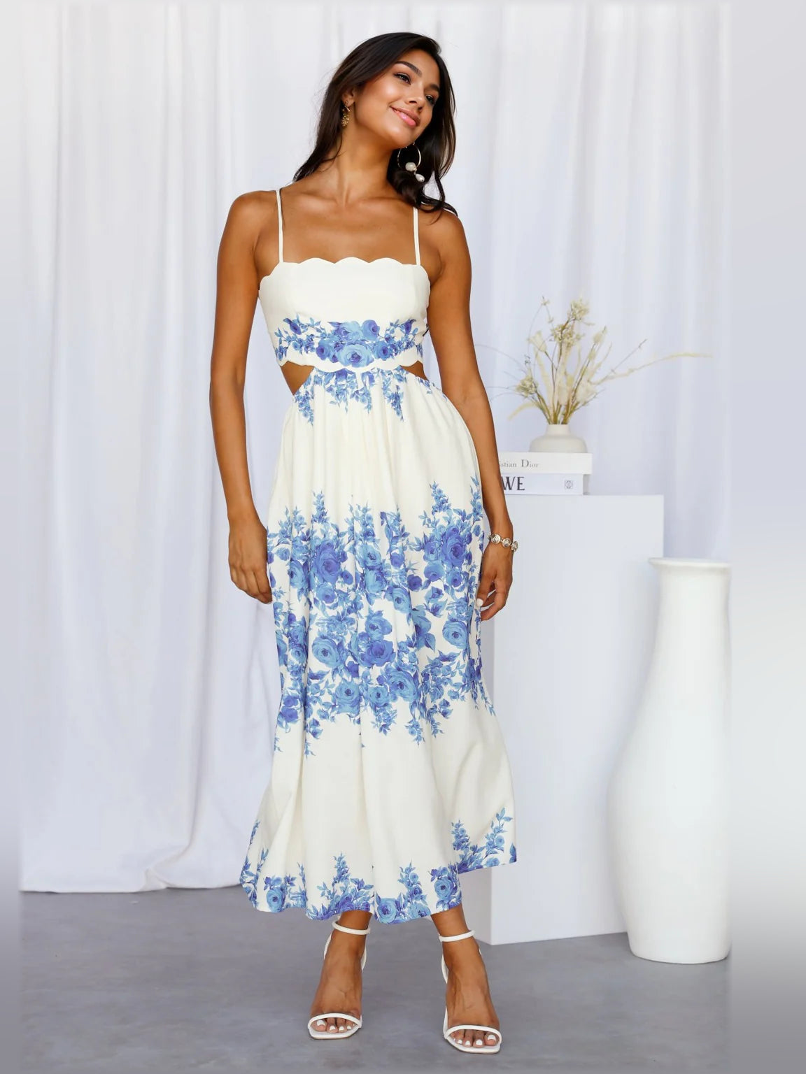 Blue midi formal dress, alternate view showing the bodice