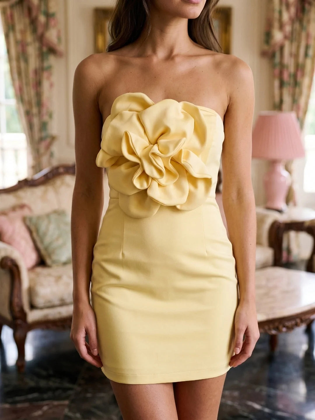 Lemon mini homecoming dress, alternate view showing the dress shape and hem