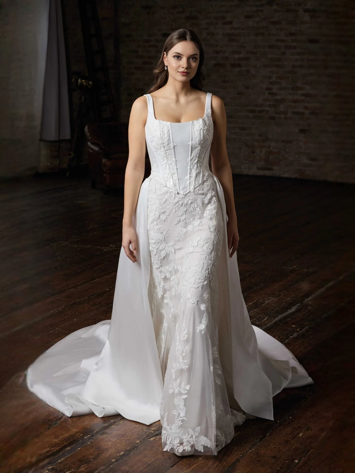 Ivory floor-length wedding dress, alternate view showing the dress shape and hem