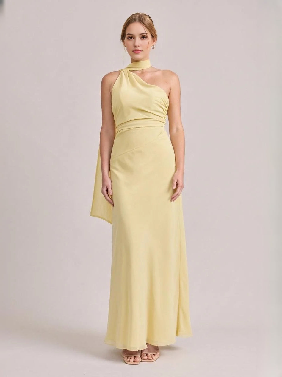 Pale Lemon maxi bridesmaid dress, alternate view showing the dress shape and hem