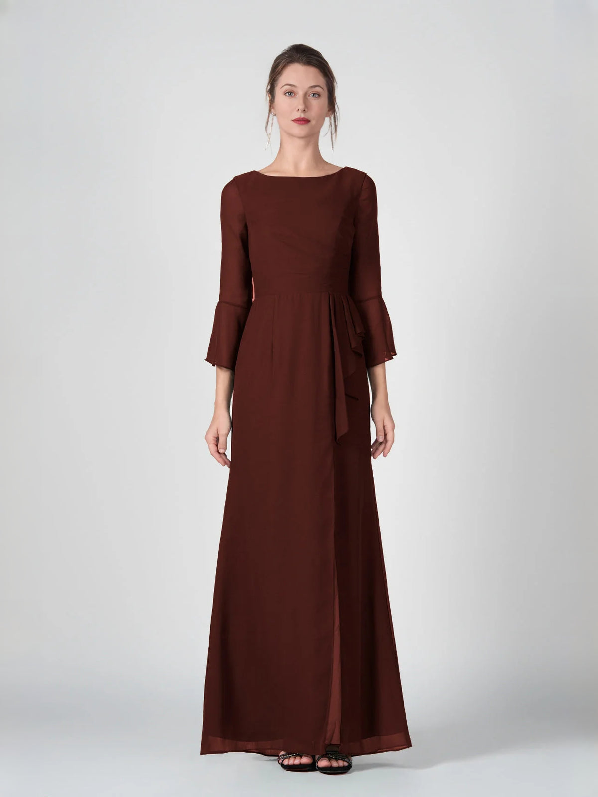 Cabernet floor-length bridesmaid dress, alternate view showing the dress shape and hem