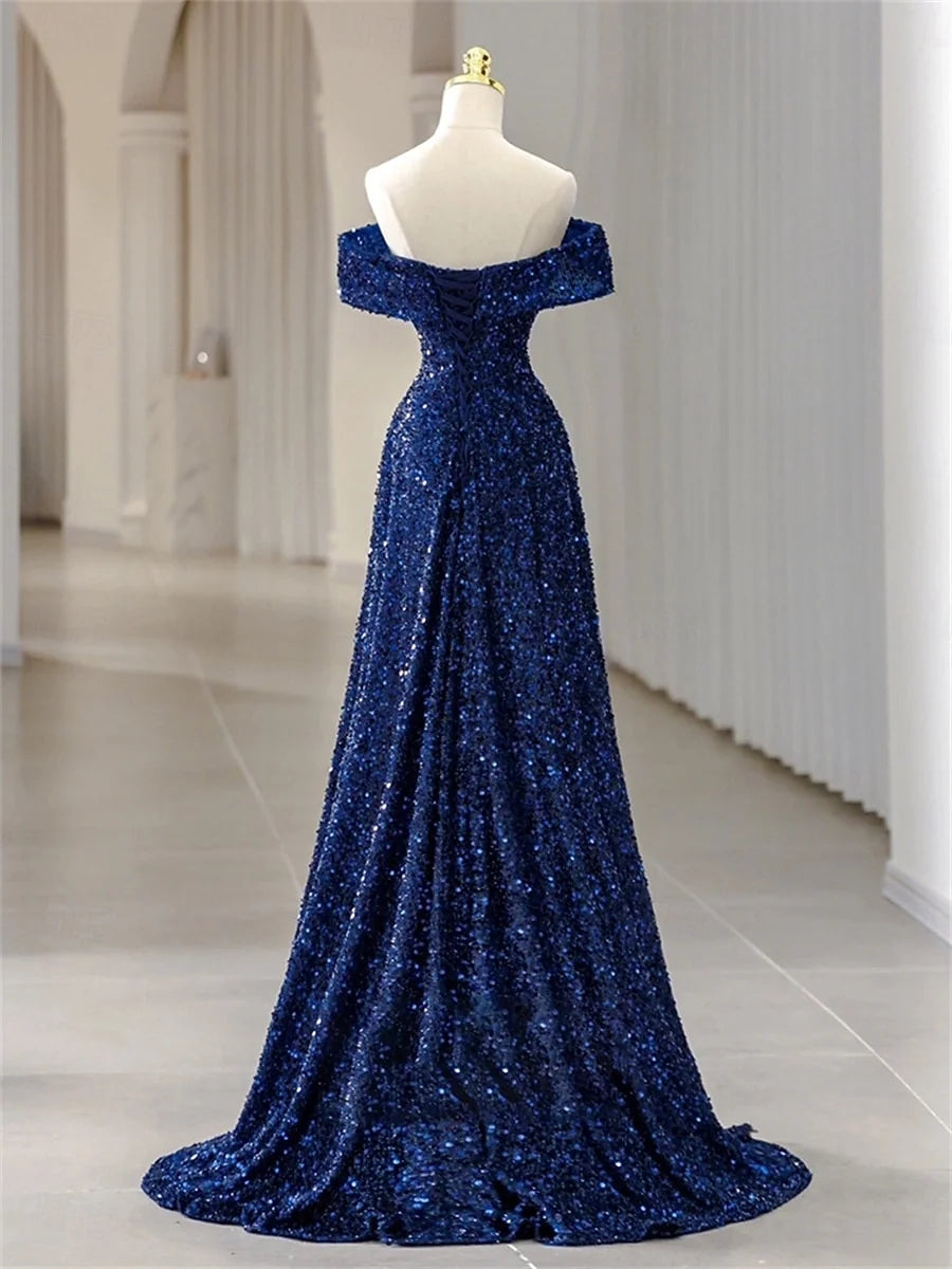 Navy floor-length prom dress, alternate view showing the dress shape and hem
