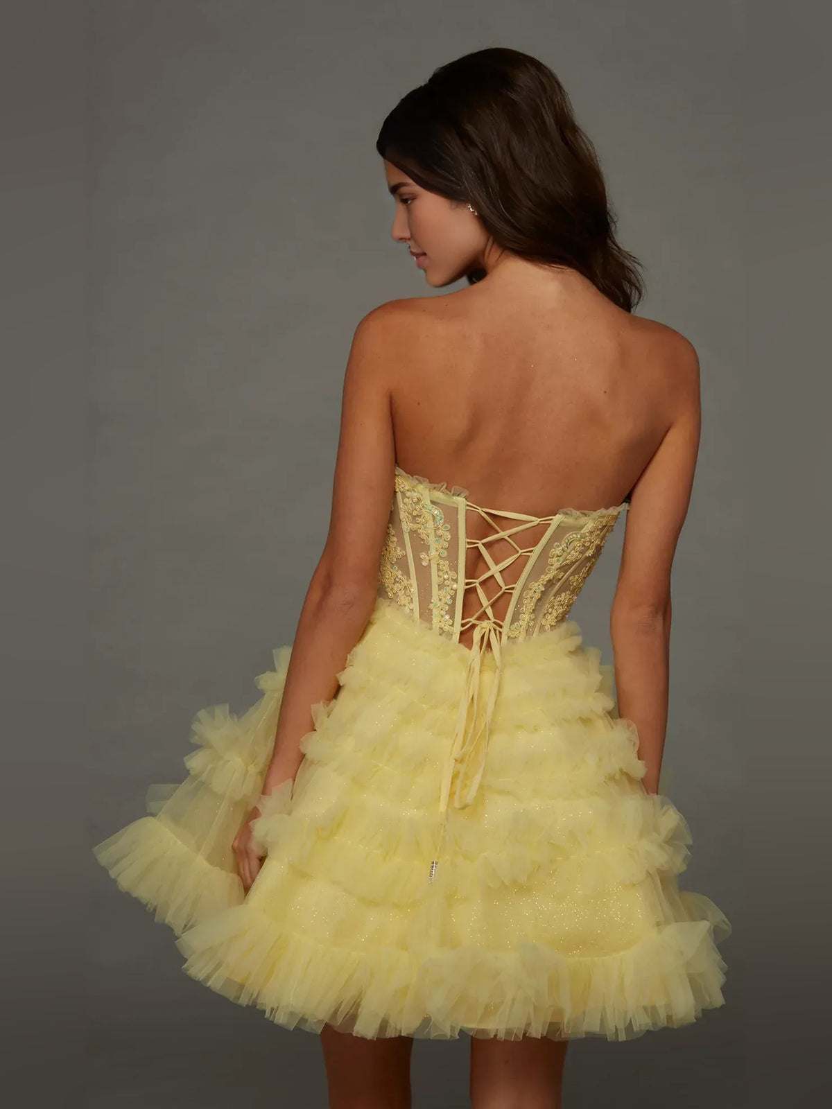 Light Blue mini homecoming dress, alternate view showing the dress shape and hem