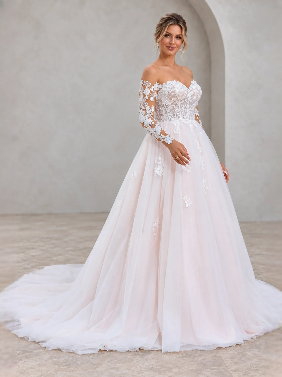 Ivory floor-length wedding dress, alternate view showing the dress shape and hem