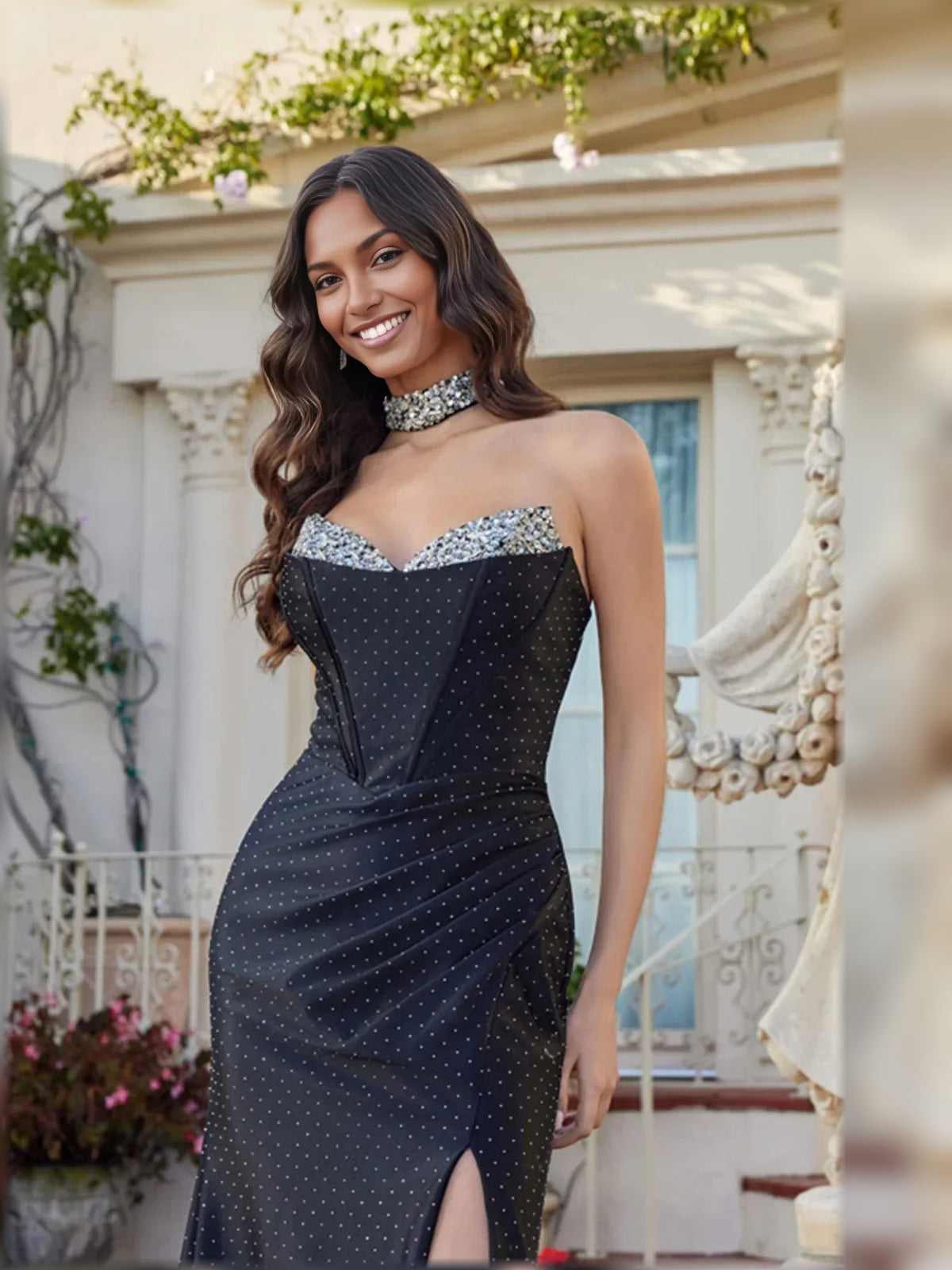 Black mermaid floor-length formal dress with skirt slit, alternate view