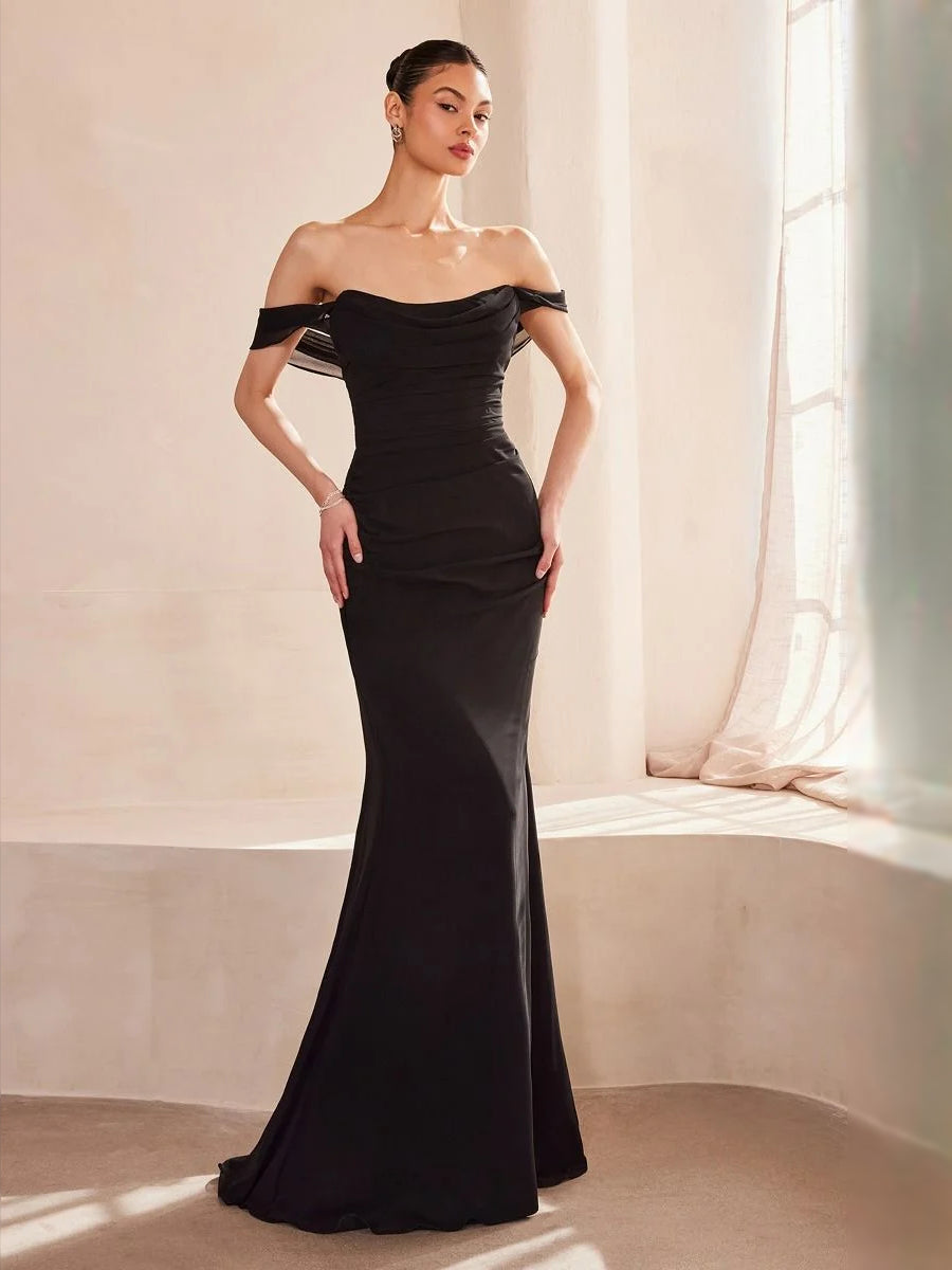 Black floor-length prom dress, front view showing the mermaid silhouette