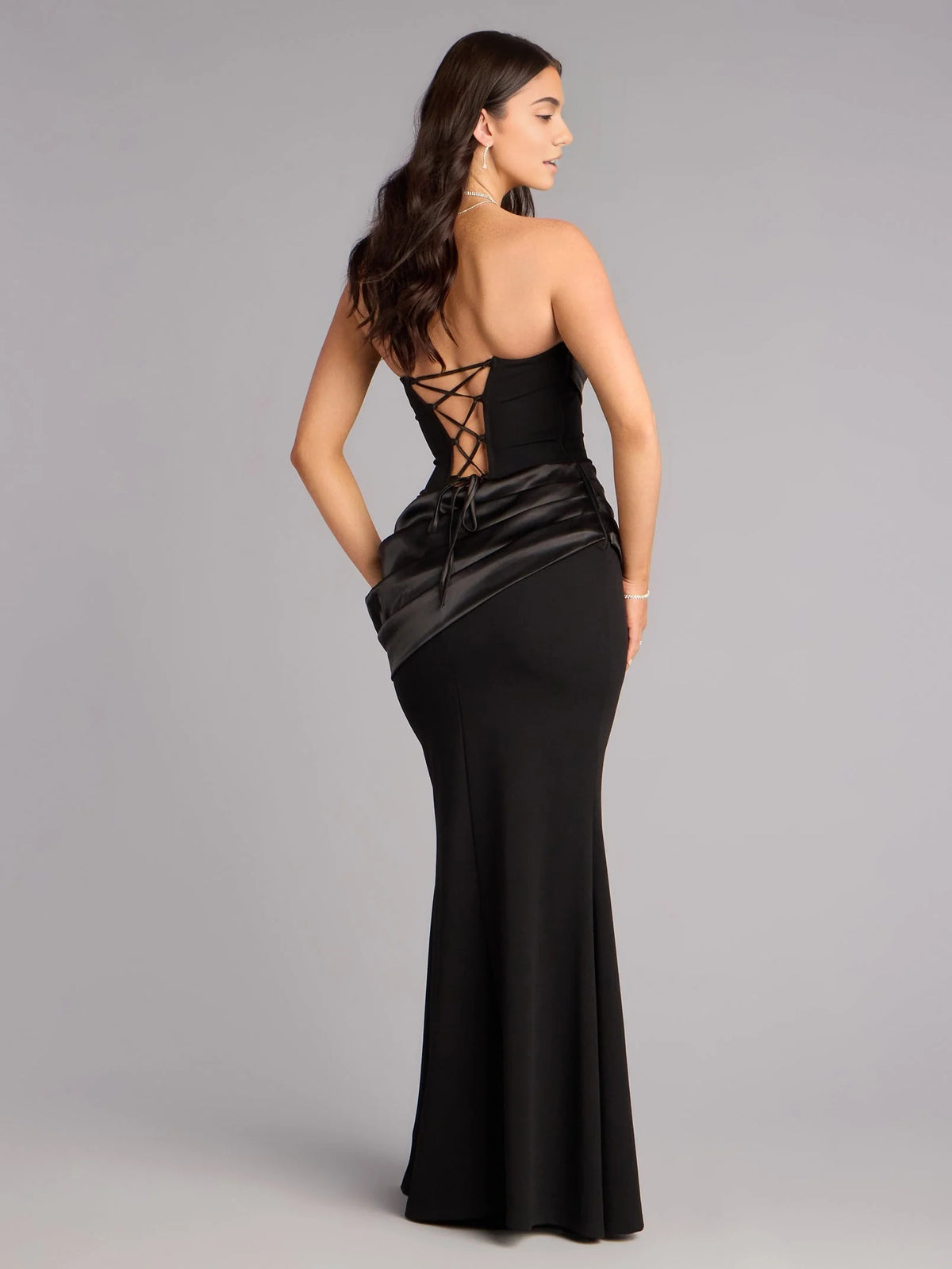 Black floor-length prom dress, alternate view showing the dress shape and hem
