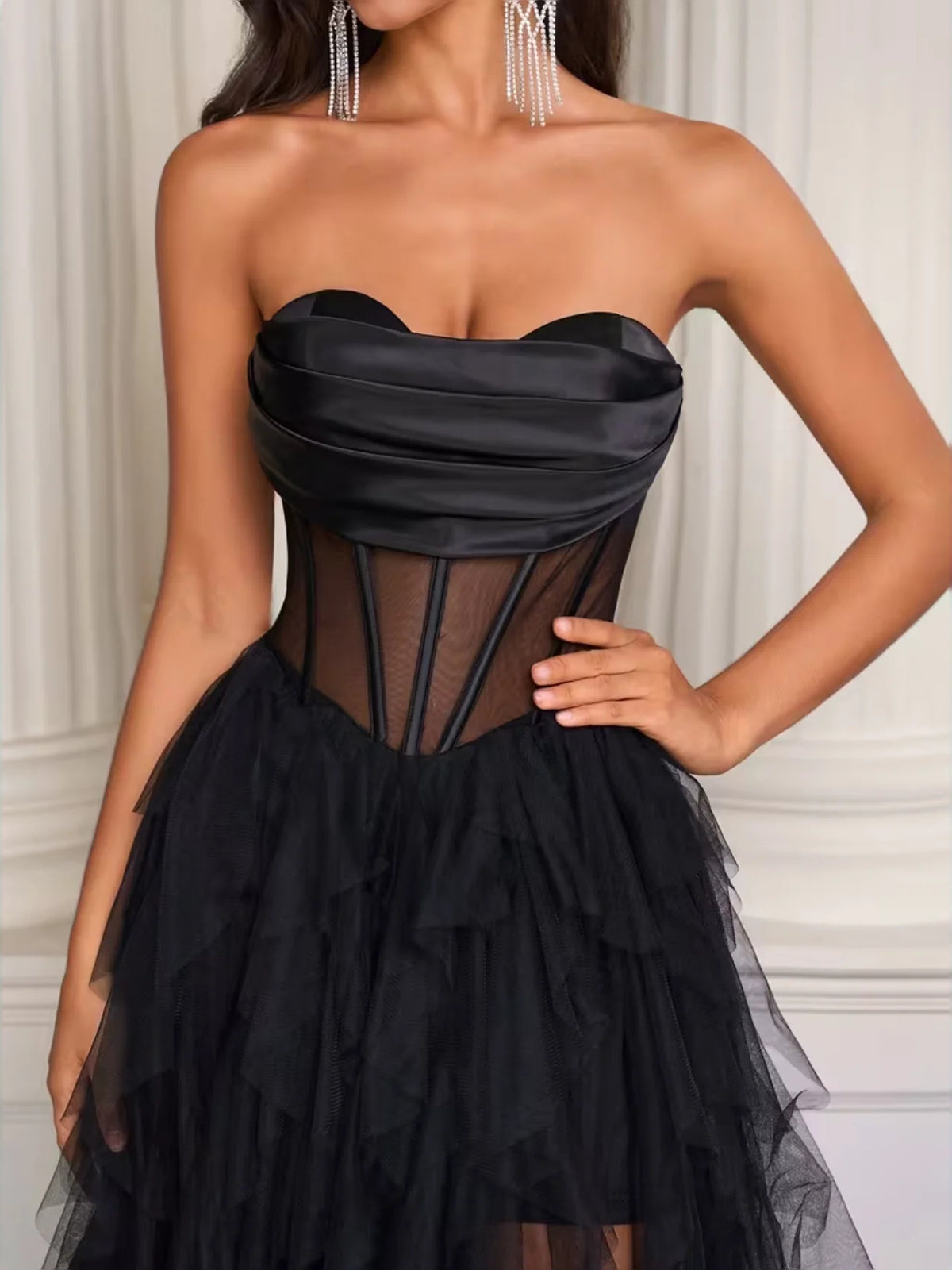 Black floor-length prom dress, alternate view showing the dress shape and hem