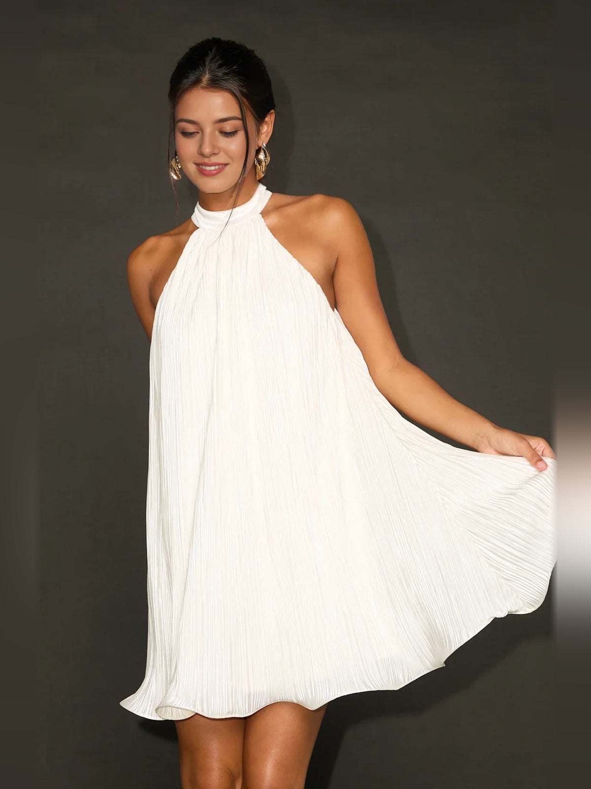 Ivory white mini homecoming dress, alternate view showing the dress shape and hem