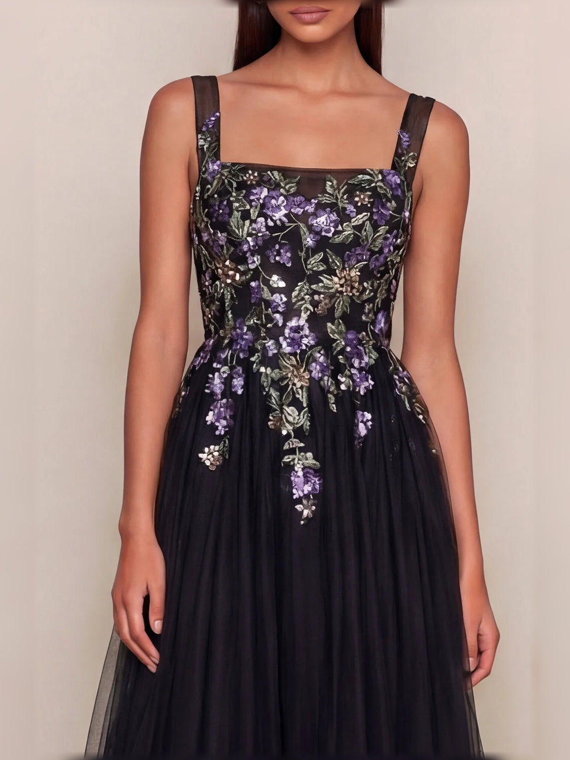 Black a-line midi formal dress with embroidery, alternate view