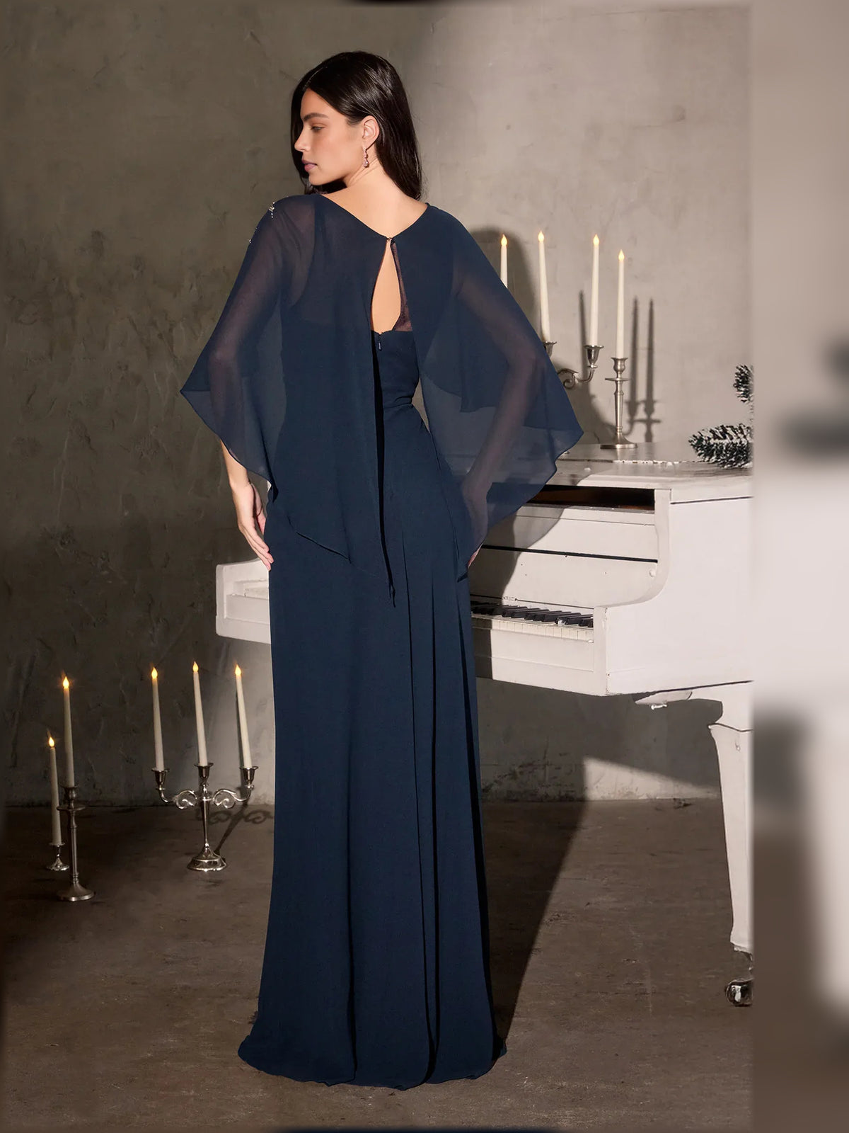 Navy Blue floor-length mother of the bride dress, alternate view showing the dress shape and hem