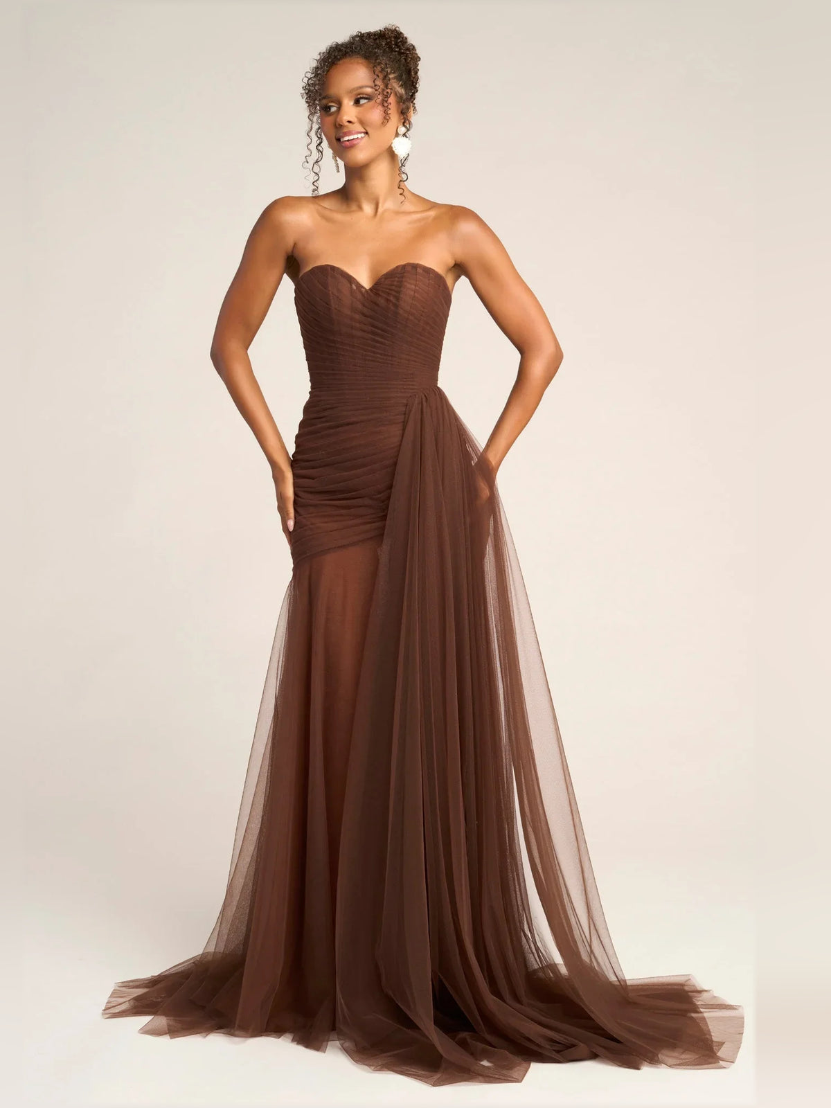 Black mermaid floor-length formal dress with draping, alternate view