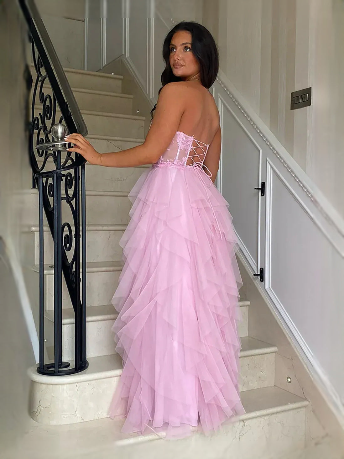 Pink maxi prom dress, alternate view showing the dress shape and hem