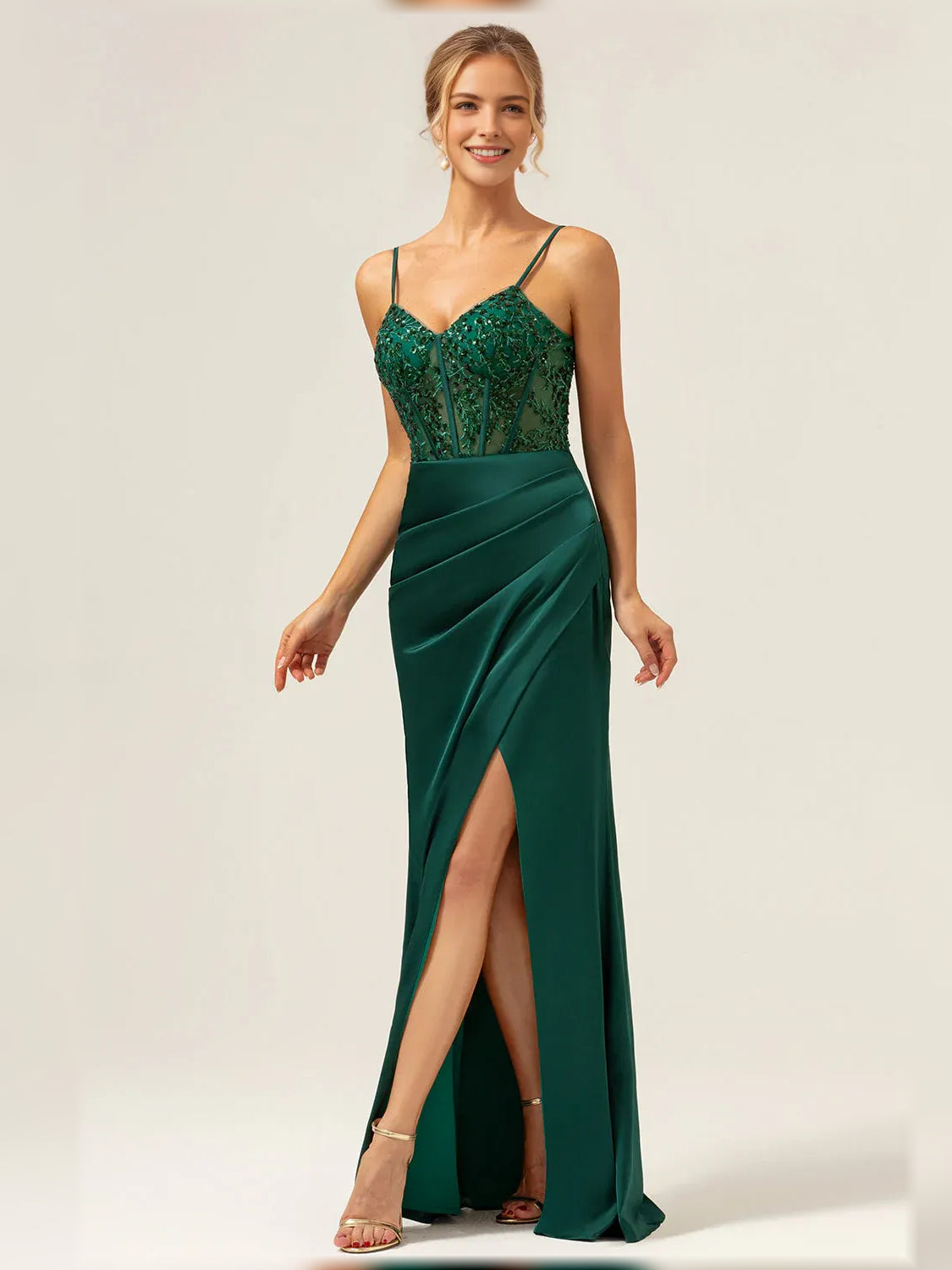 Dark Green sheath floor-length formal dress with corset-style bodice, alternate view