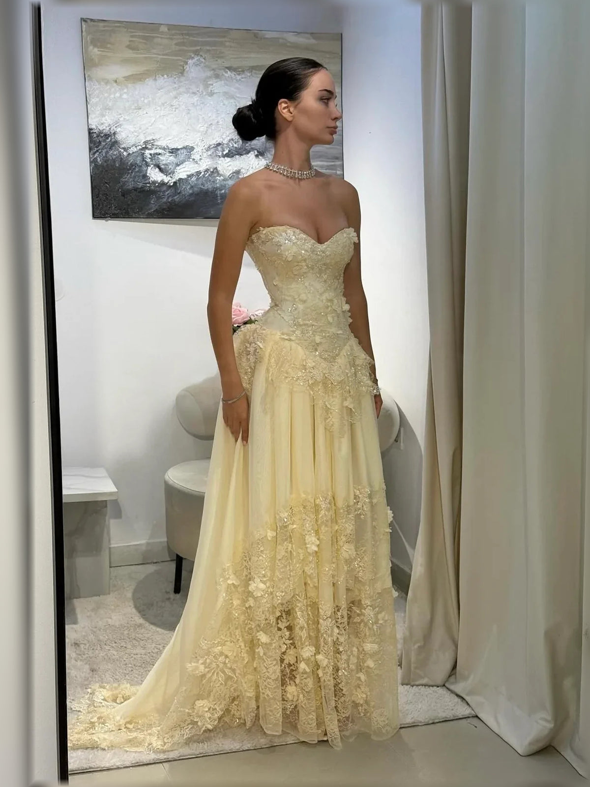 Pale Lemon a-line floor-length formal dress with corset-style bodice, alternate view