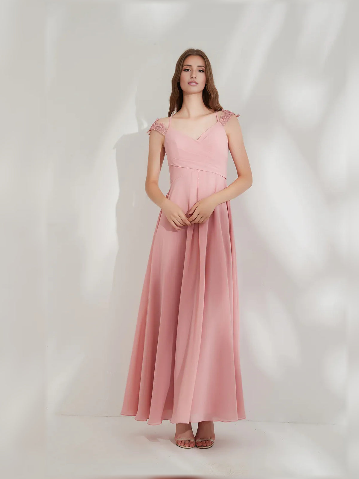 Peach a-line floor-length formal dress with ruching, alternate view