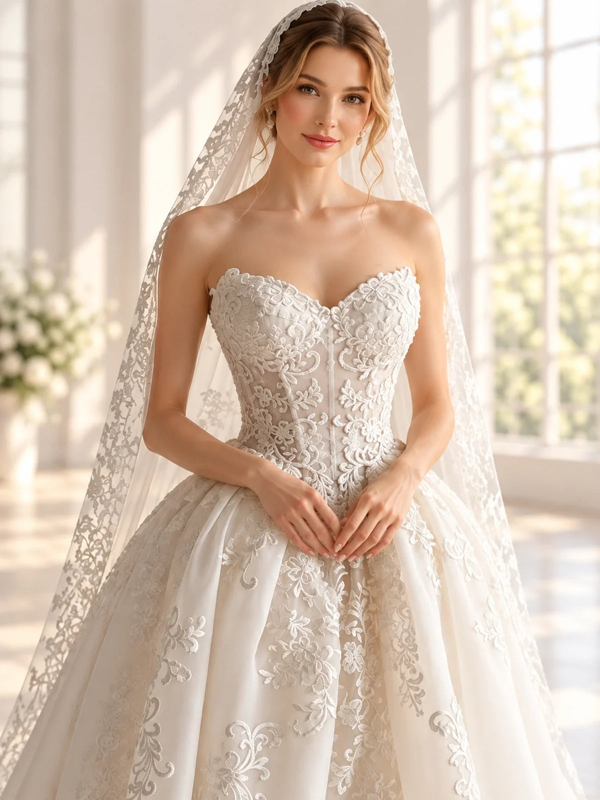 White floor-length wedding dress, alternate view showing the dress shape and hem