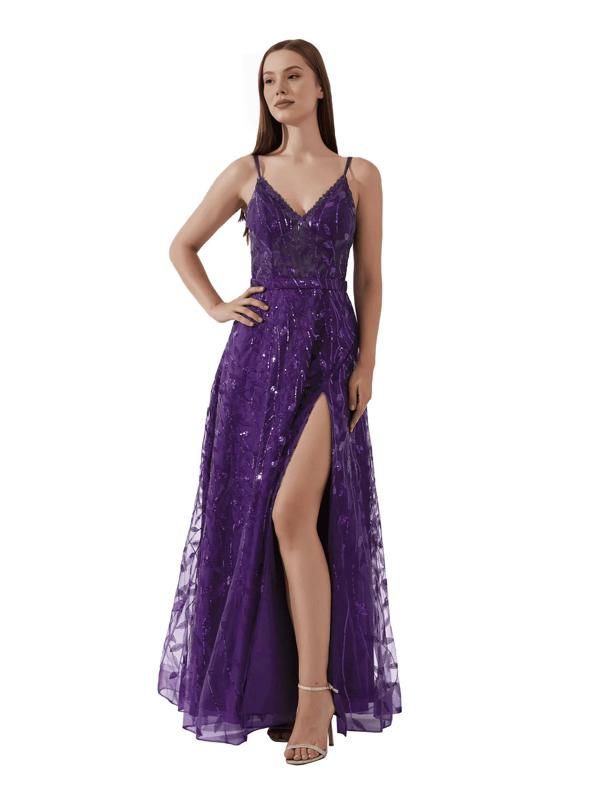 Grape floor-length prom dress, alternate view showing the dress shape and hem