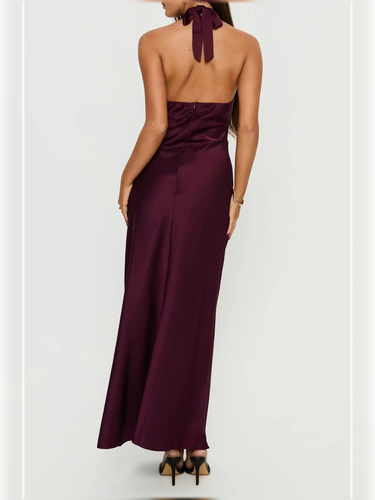 Plum bodycon floor-length formal dress with cutout detail, alternate view
