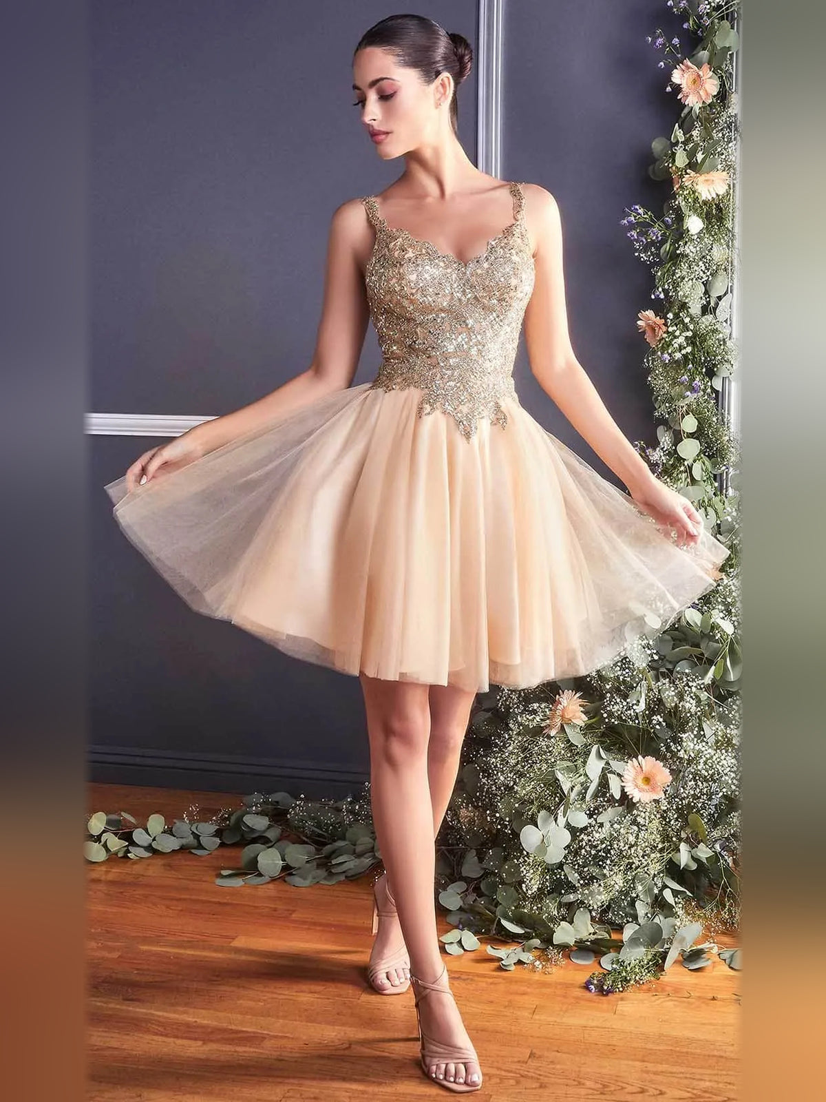 Champagne mini homecoming dress, alternate view showing the dress shape and hem