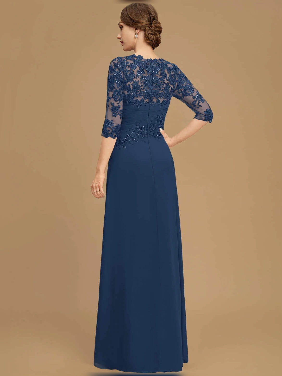 Dark Navy floor-length mother of the bride dress, alternate view showing the dress shape and hem
