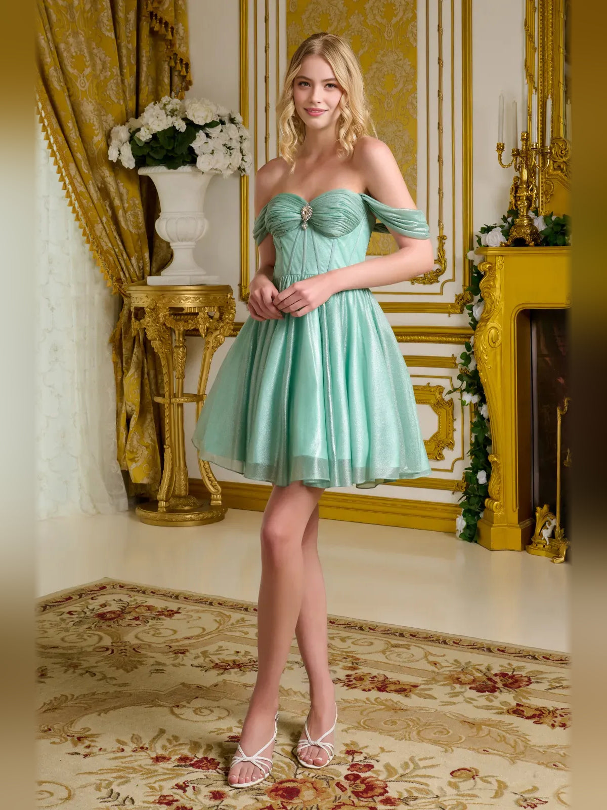 Mint Green mini homecoming dress, alternate view showing the dress shape and hem