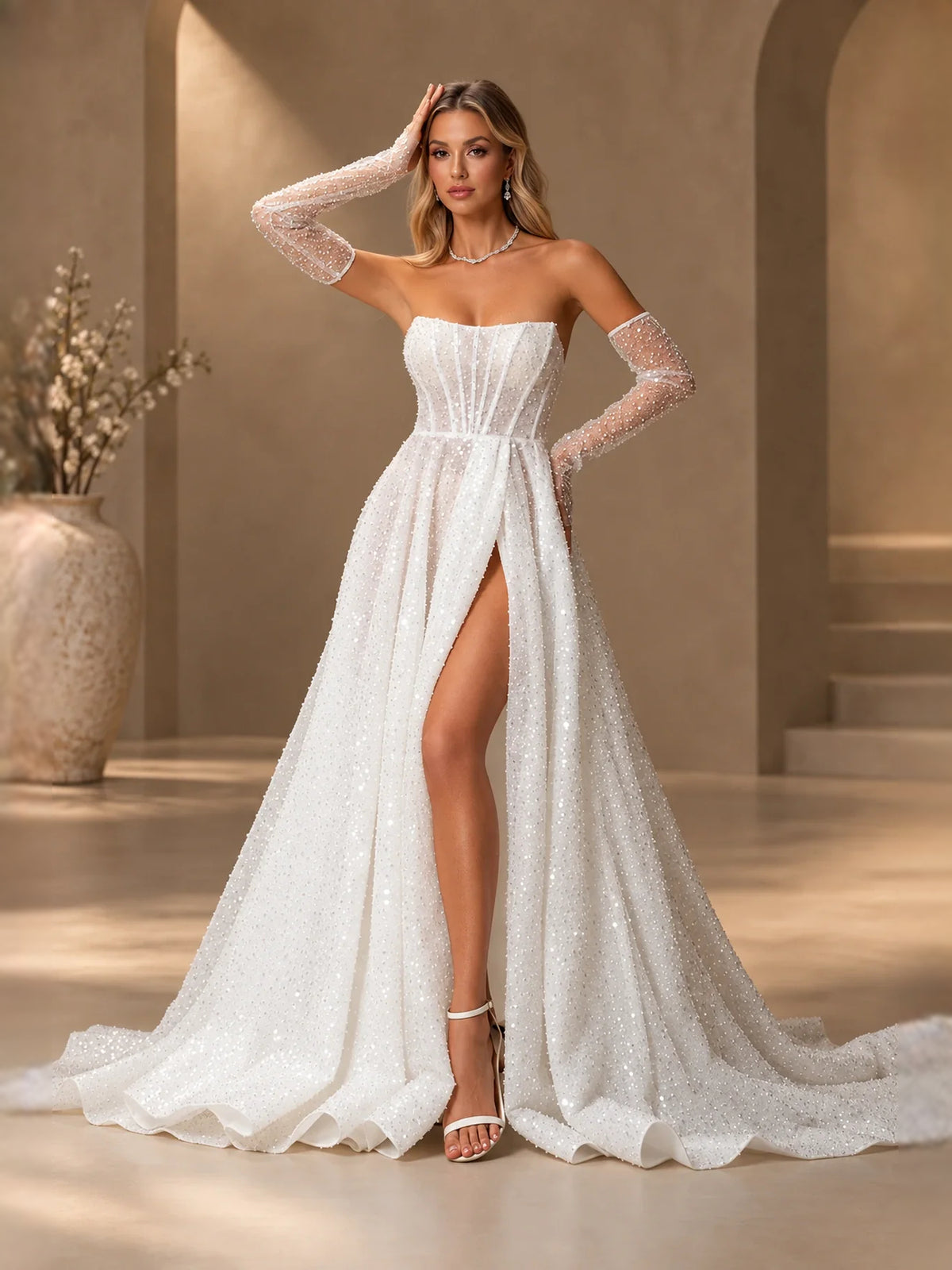 Ivory floor-length wedding dress, alternate view showing the dress shape and hem