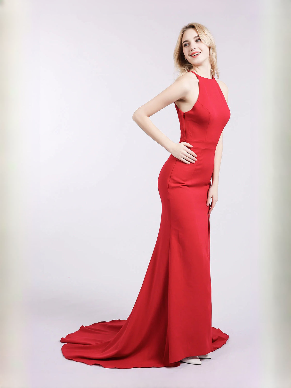 Red maxi prom dress, alternate view showing the dress shape and hem