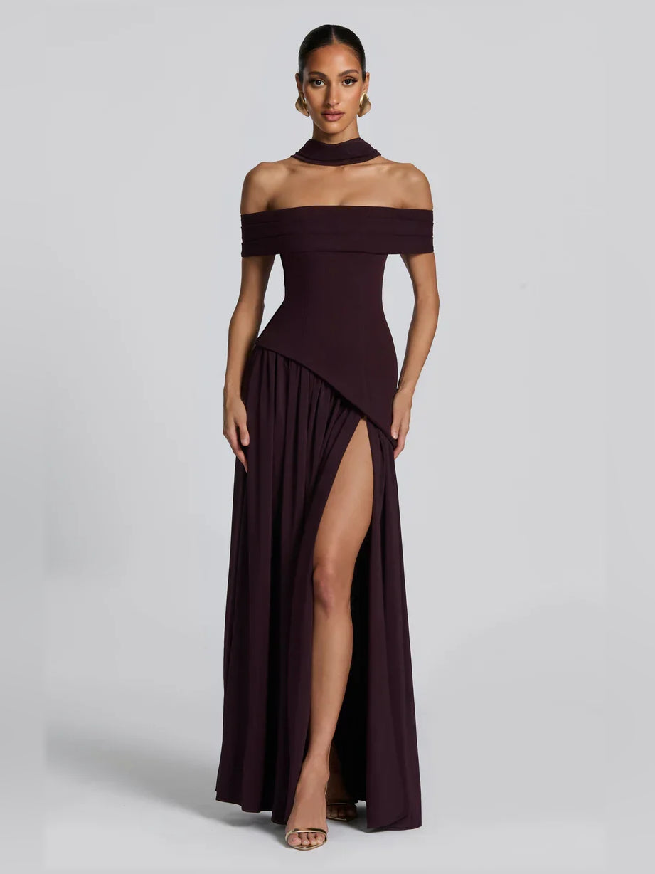 Black sheath floor-length formal dress with draping, alternate view