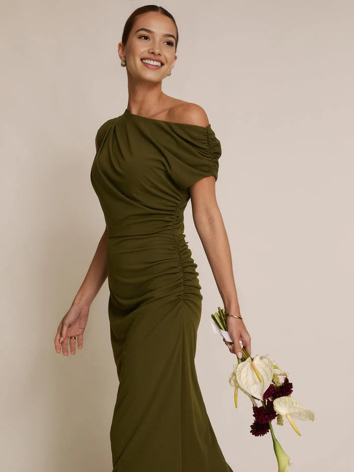 Olive Green maxi bridesmaid dress, alternate view showing the dress shape and hem