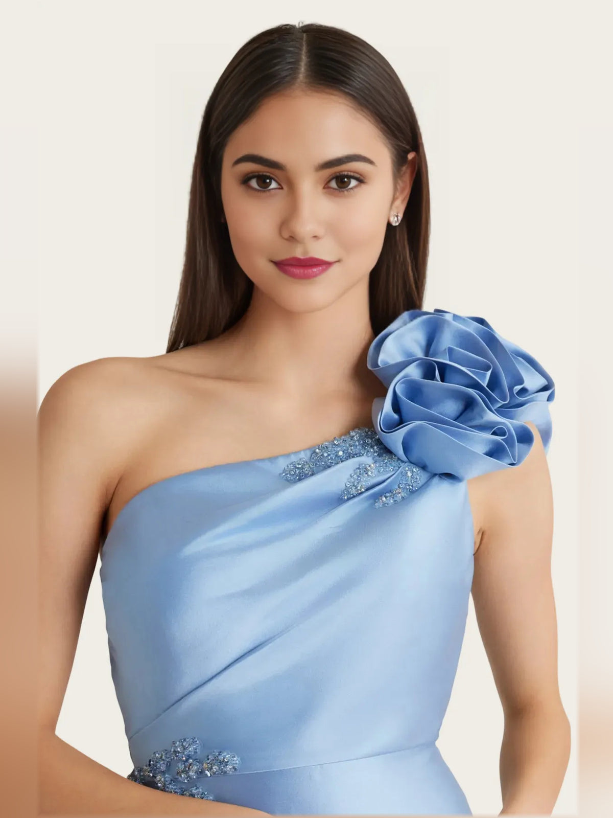 Light Blue a-line floor-length formal dress with floral print, alternate view