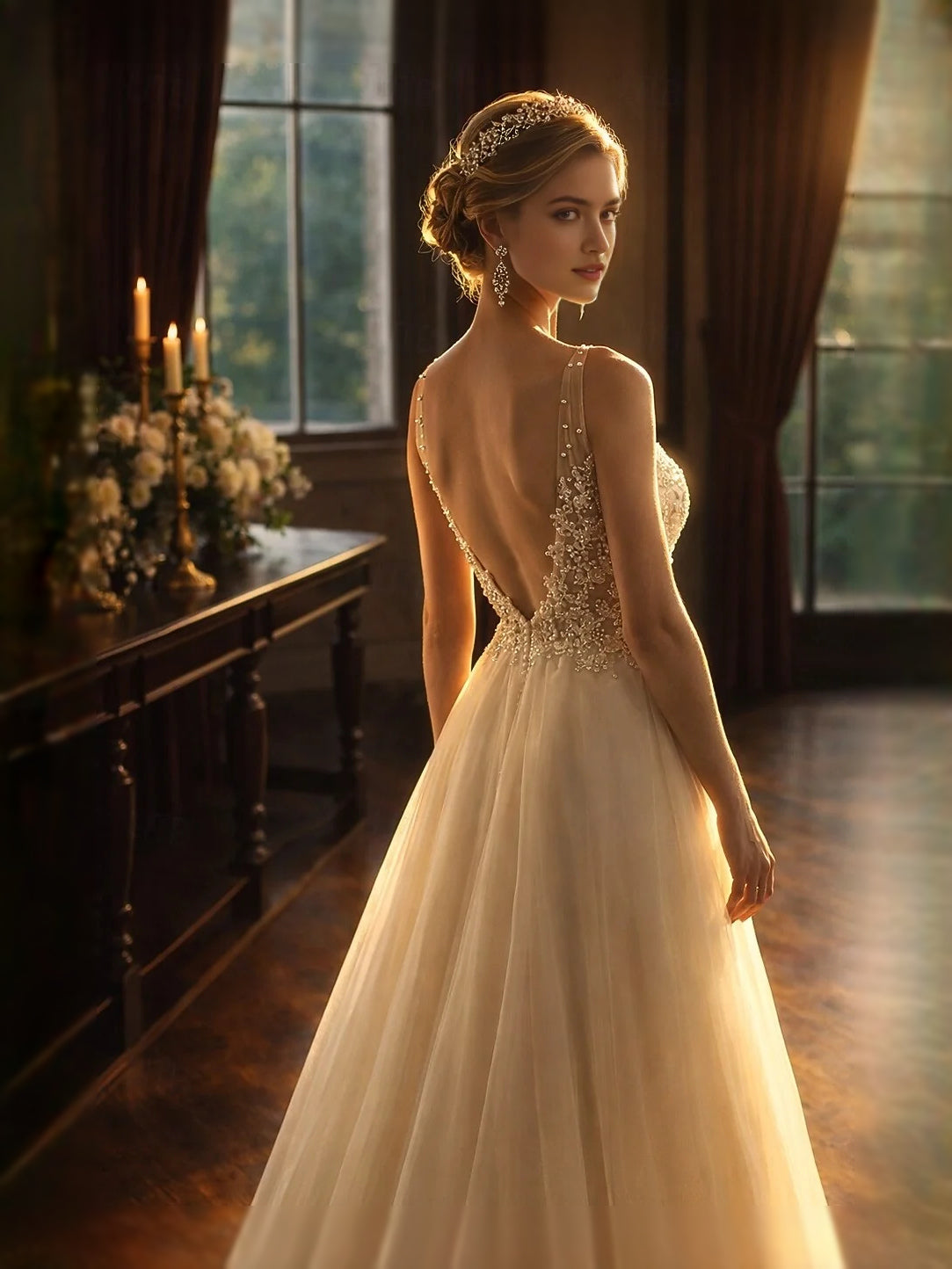 Gold floor-length prom dress, alternate view showing the dress shape and hem
