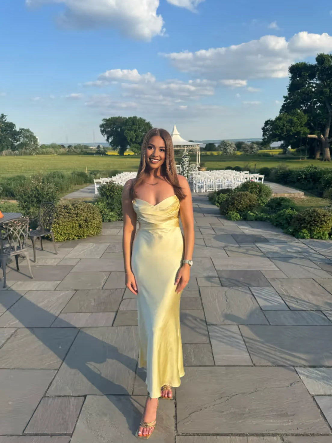 Yellow ankle-length bridesmaid dress, alternate view showing the dress shape and hem
