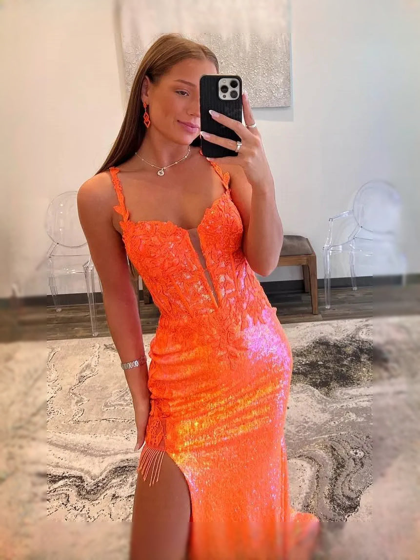 Orange floor-length prom dress, alternate view showing the dress shape and hem