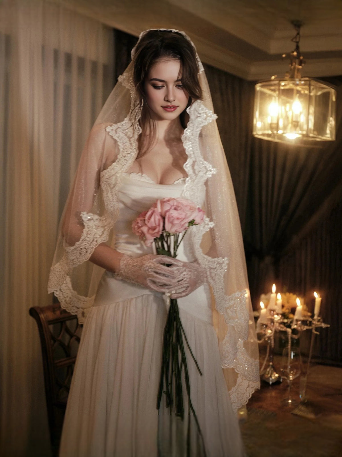 Ivory floor-length wedding dress, alternate view showing the dress shape and hem