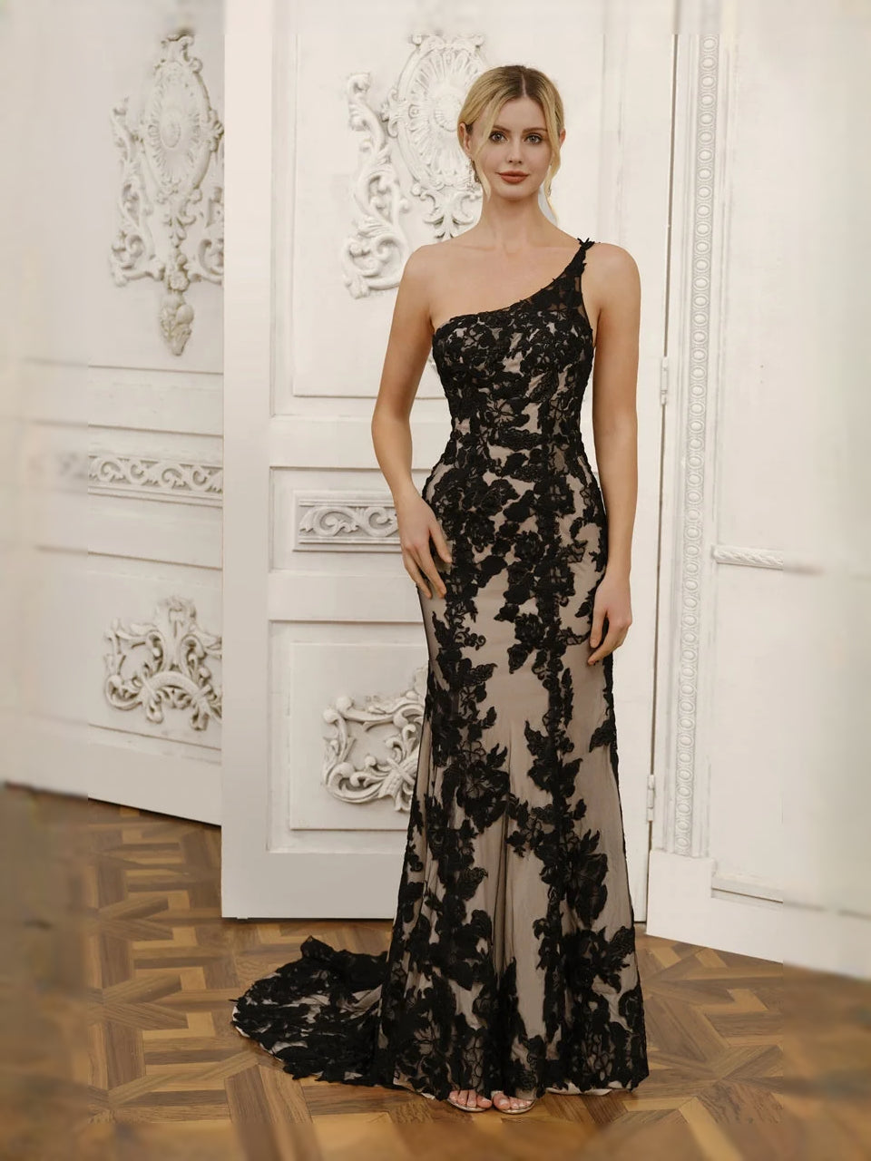 Black floor-length wedding dress, alternate view showing the dress shape and hem