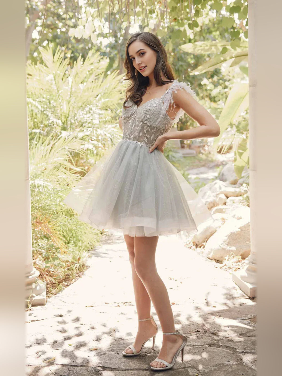 Silver mini homecoming dress, alternate view showing the dress shape and hem