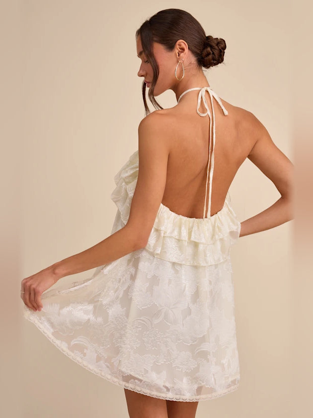 Ivory Floral mini homecoming dress, alternate view showing the dress shape and hem
