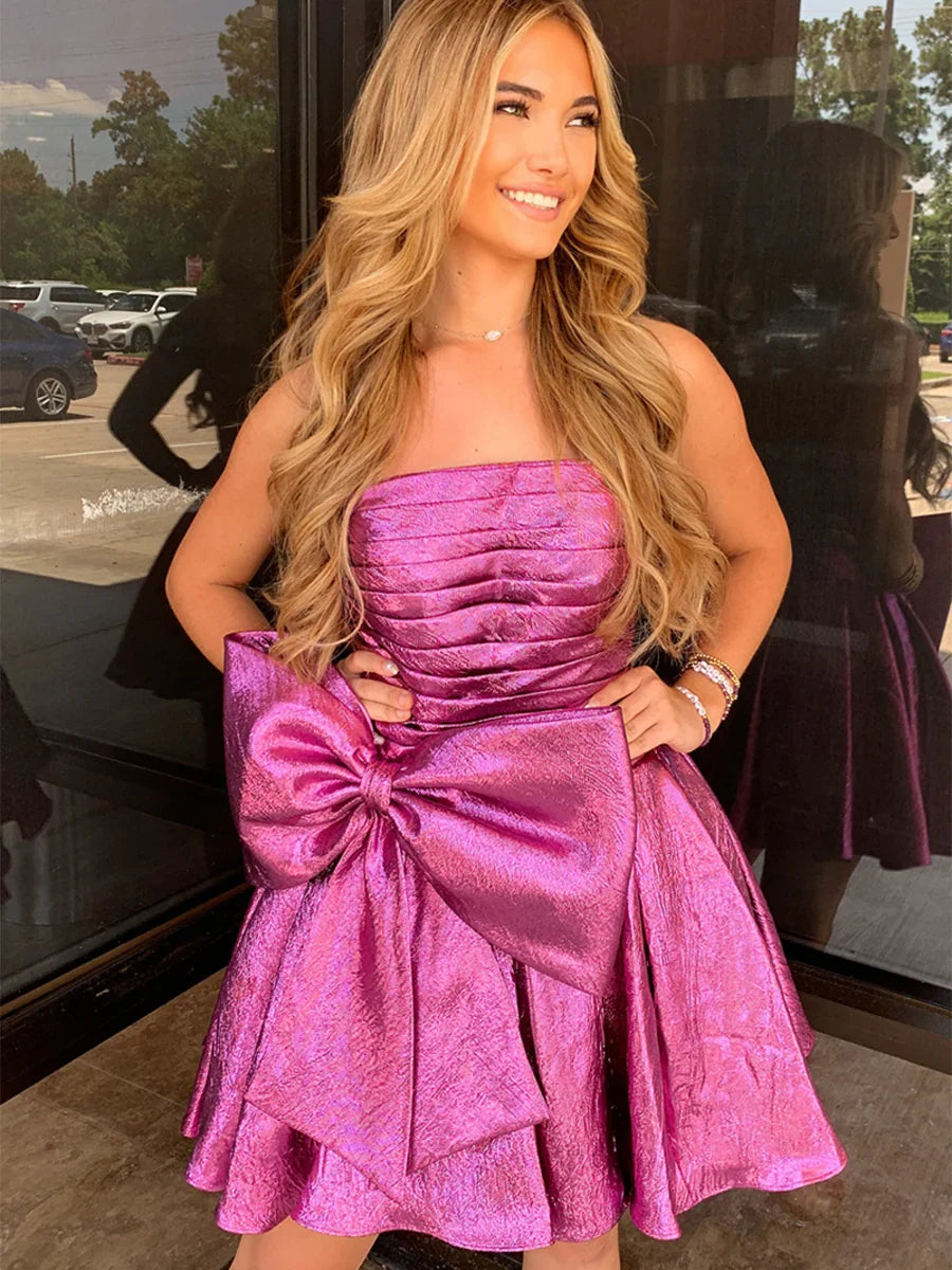 Fuchsia mini homecoming dress, alternate view showing the dress shape and hem
