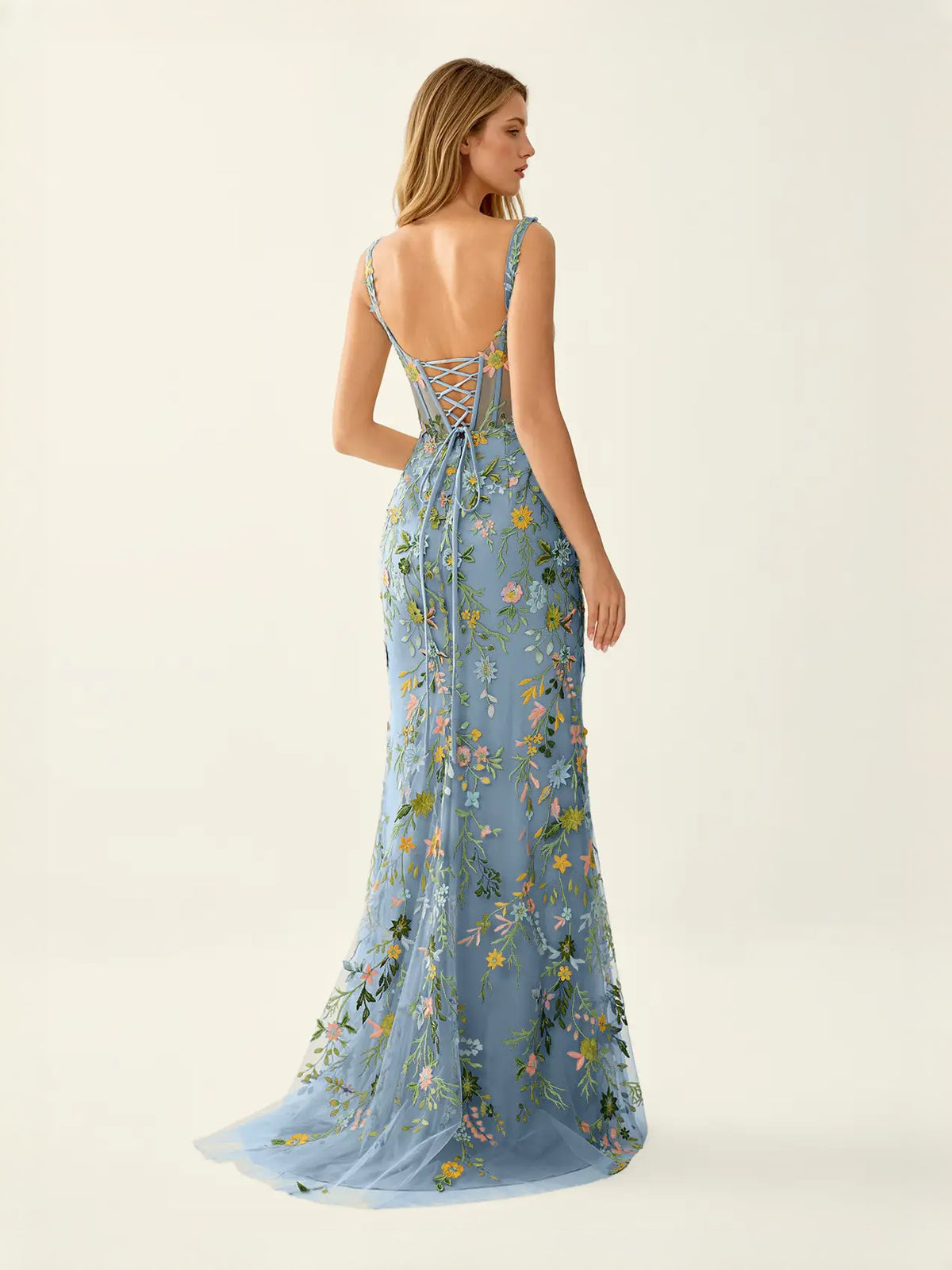 Dusty Blue maxi prom dress, alternate view showing the dress shape and hem
