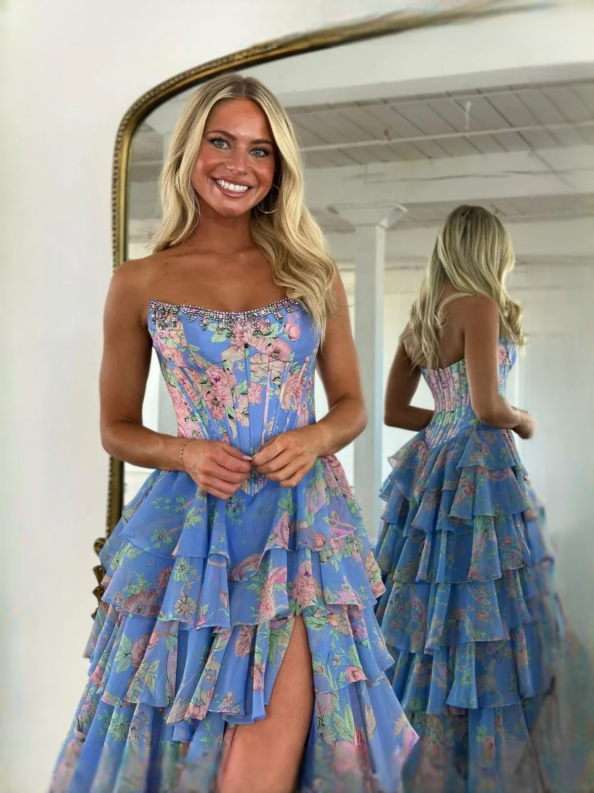 Blue floor-length prom dress, alternate view showing the dress shape and hem
