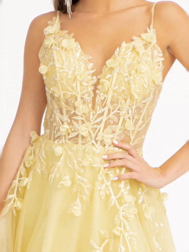 Yellow floor-length prom dress, alternate view showing the dress shape and hem