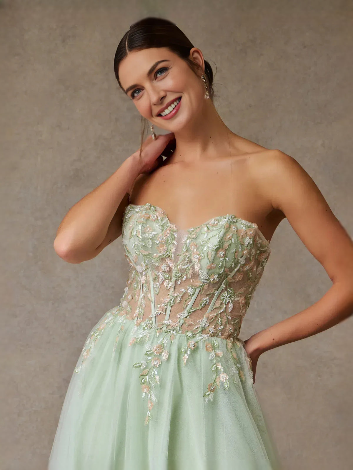 Celadon floor-length prom dress, alternate view showing the dress shape and hem
