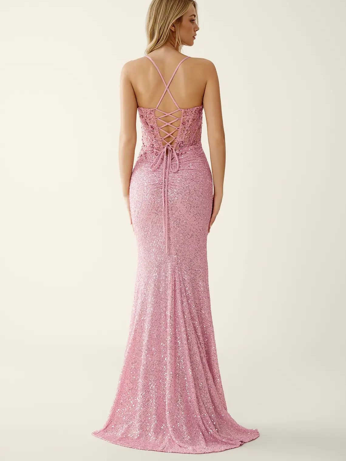 Pink maxi prom dress, close view of the dress design from another angle