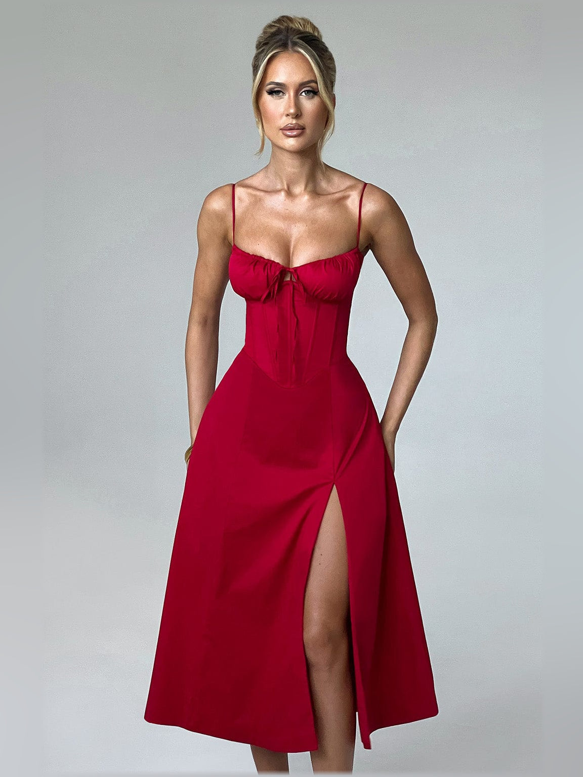Red midi formal dress, alternate view showing the bodice
