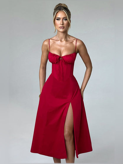 Red midi formal dress, alternate view showing the bodice