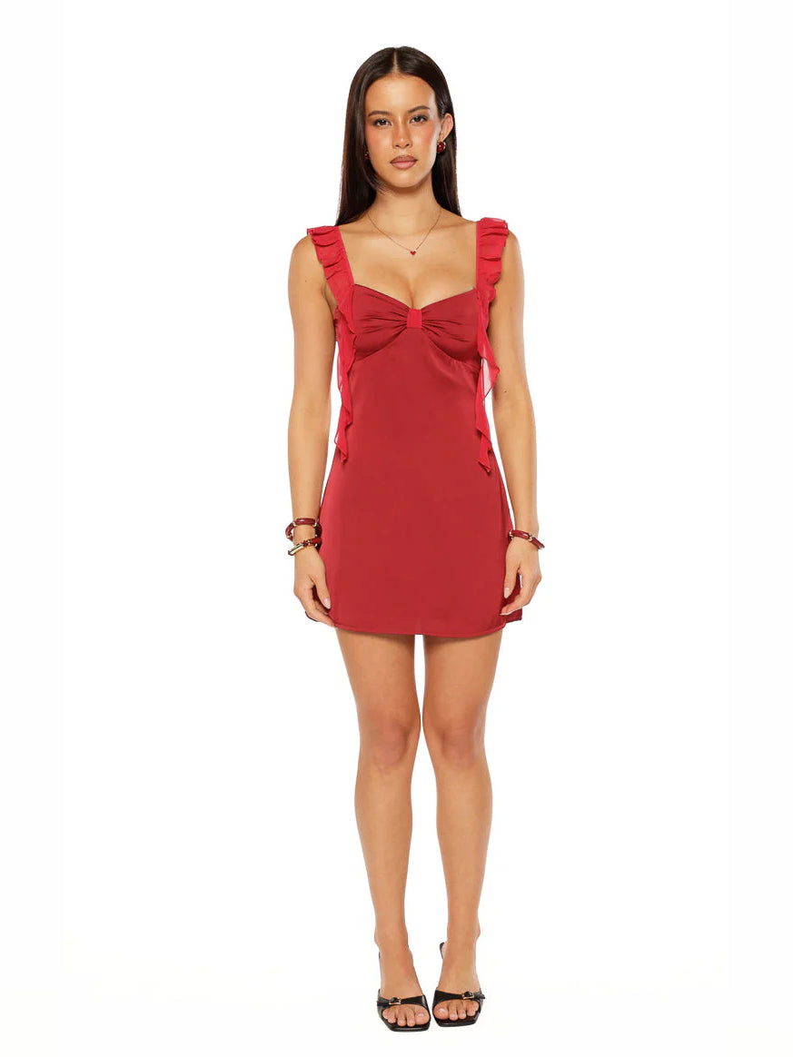 Burgundy mini homecoming dress, alternate view showing the dress shape and hem