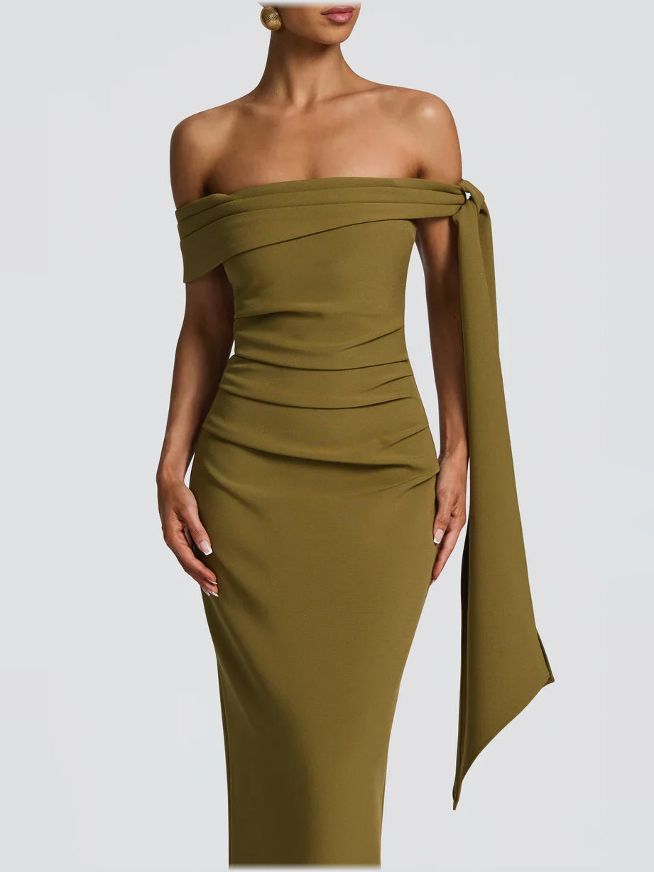 Olive Green sheath floor-length formal dress with bow detail, alternate view