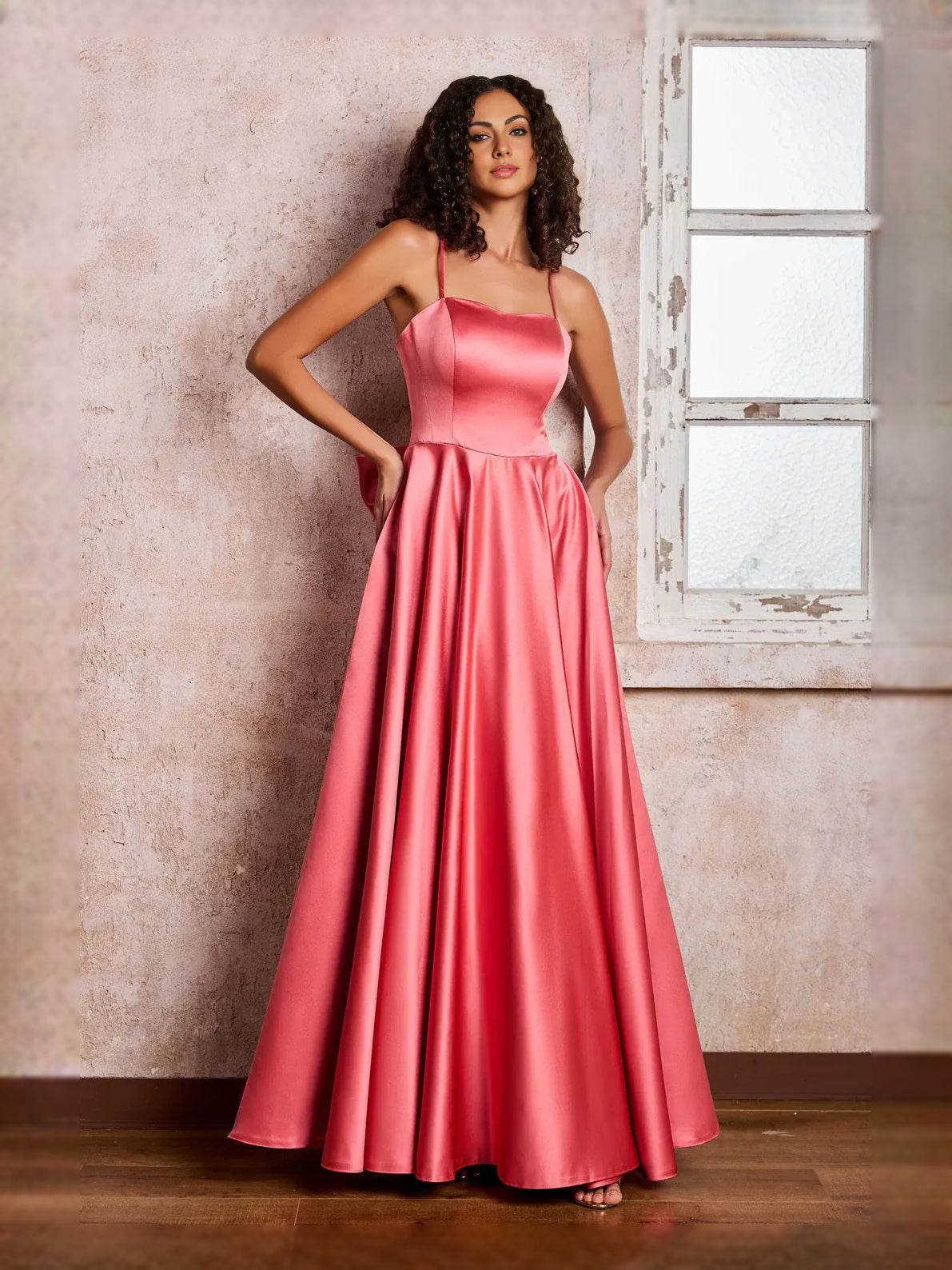 Watermelon floor-length prom dress, back view showing the rear of the dress