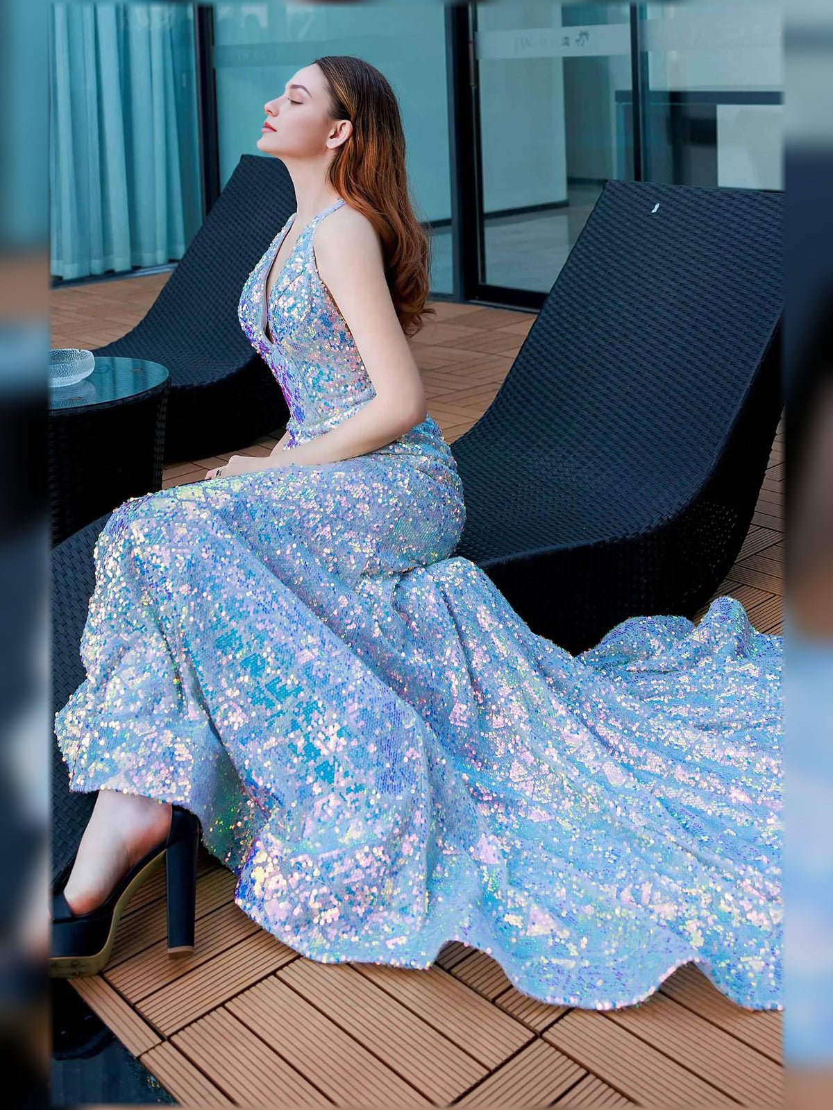 Light Blue mermaid floor-length formal dress with beading, alternate view